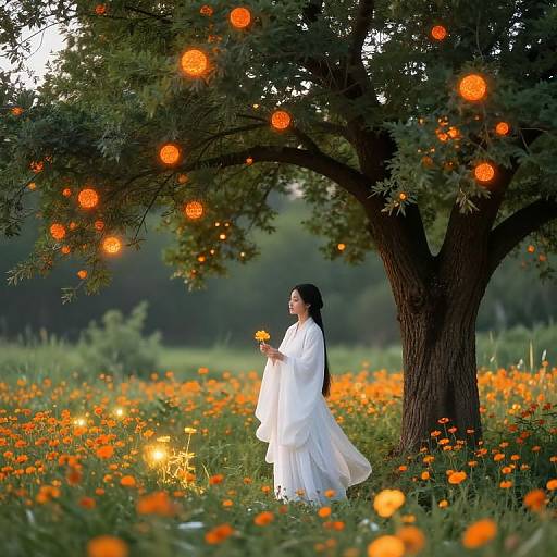 Photograph of an Asian woman in a white dress, holding a flower, standing under an orange-lit tree in a vibrant orange poppy field.