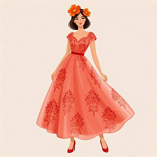 Digital illustration of a woman in a red floral dress with a red belt, orange flower headpiece, and red heels, standing against a white background.