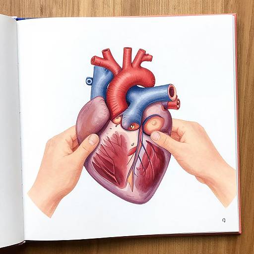Illustration of a human heart with red arteries and blue veins, held by two hands on a white page, on a wooden surface.