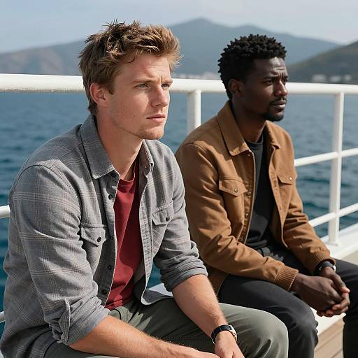 Two Men Sitting on Boat Deck by Ocean