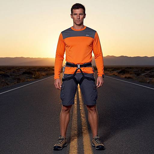 Photograph of a muscular man with short dark hair, wearing an orange long-sleeve shirt, black shorts, and hiking boots, standing on a