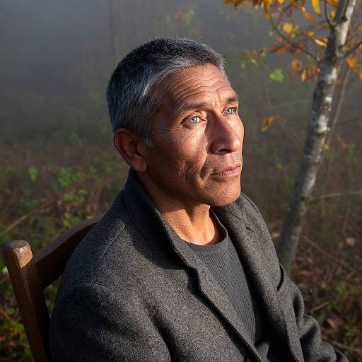 Photograph of a middle-aged man with gray hair and blue eyes, wearing a black coat, seated outdoors in a misty forest.