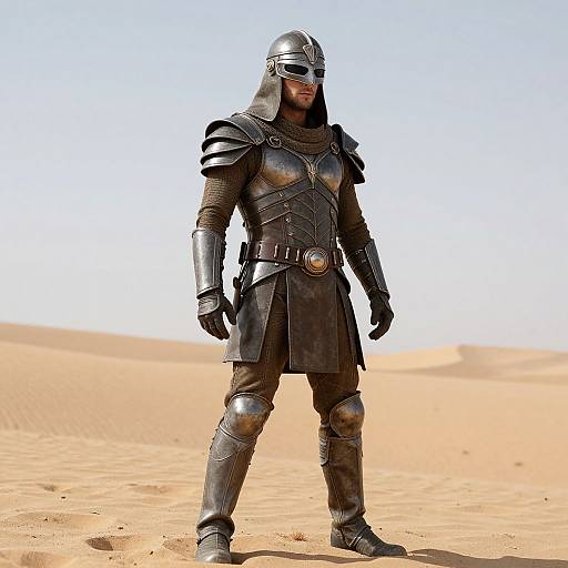 Photorealistic CGI of a muscular man in medieval-style black steel armor, including helmet, standing in a bright desert landscape.