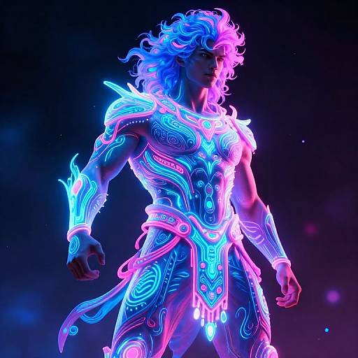 Neon-lit, muscular warrior with glowing blue and pink intricate armor and wild hair, standing against a dark, starry background. CGI artwork.