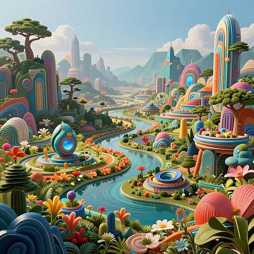 Vibrant, surreal digital landscape: colorful, geometric buildings and structures along winding blue rivers, surrounded by blooming flowers and lush greenery, under