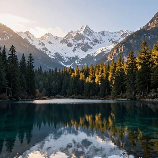 Photograph of a serene mountain lake reflecting snow-capped peaks and a forest of tall evergreen trees at sunset.