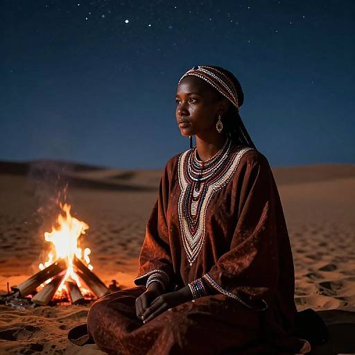 Photograph of an African woman with dark skin, adorned in traditional beaded attire, sitting by a campfire under a starry night sky in a