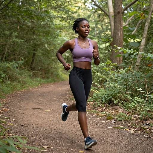 Photograph of a fit, dark-skinned woman jogging on a forest trail, wearing a purple sports bra, black capri leggings, and black running