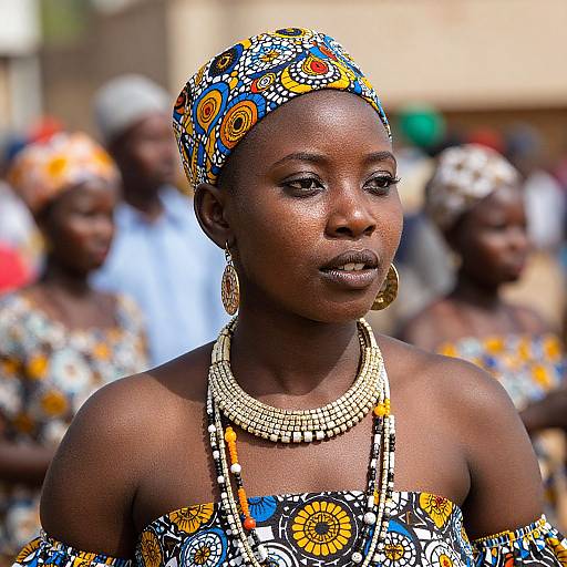 Photograph of a dark-skinned African woman with colorful, patterned headscarf and dress, adorned with gold jewelry, standing among blurred background figures