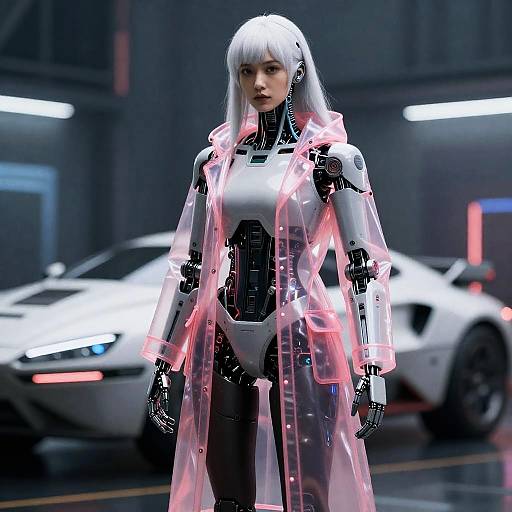Cyberpunk Mechanical Woman in Raincoat