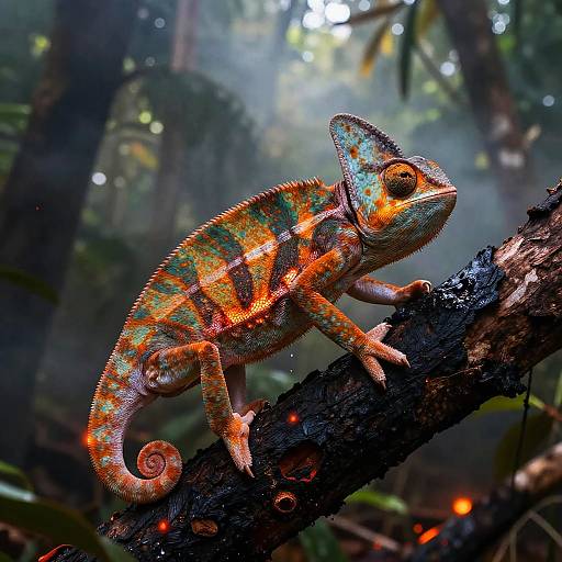 Ember-Speckled Chameleon Climbing Charred Tree