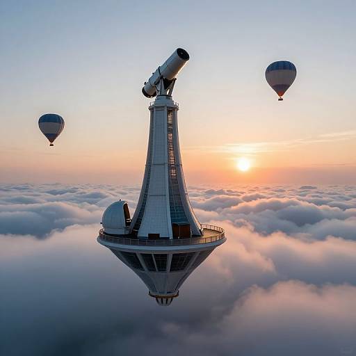 Photograph of a floating astronomical observatory with telescope at sunset, surrounded by fluffy clouds and three floating hot air balloons.