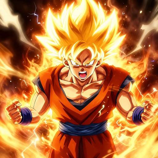 Digital anime artwork of Goku, a muscular male with spiky orange hair, fiery aura, and red-orange martial arts outfit, clenched fists, and