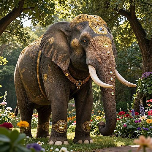 Photograph of an ornately decorated elephant with gold patterns on its skin, standing in a lush, sunlit garden filled with colorful flowers.