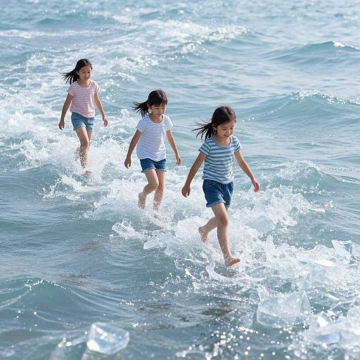 Photograph of three young girls in striped and pink shirts, blue shorts, running and playing in the sparkling ocean waves.