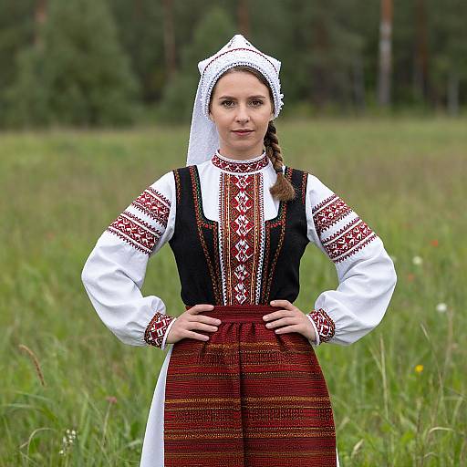 Photograph of a young woman with braided brown hair, wearing a traditional Eastern European black and white embroidered dress, standing in a green grassy field