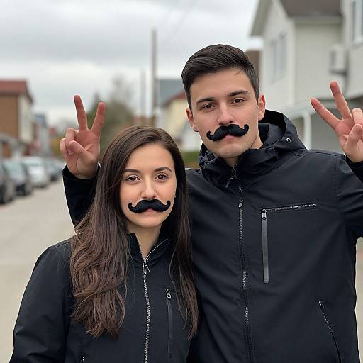 Photograph of a young couple with black mustaches, wearing black jackets, making peace signs outdoors on a suburban street.