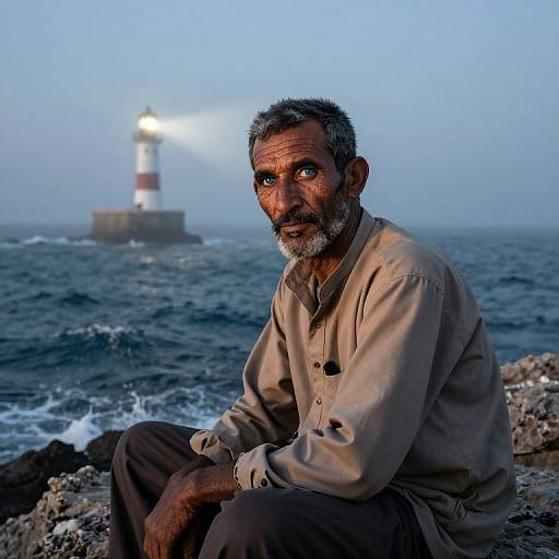 Photograph of a bearded, middle-aged man with weathered skin, wearing a beige shirt, sitting on rocky shoreline, with a foggy l