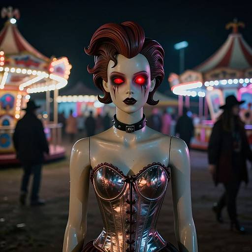 Glowing-eyed, pale-skinned, gothic doll with red hair, black lipstick, shiny black corset, and choker at a colorful