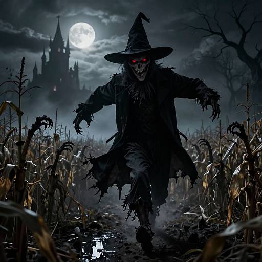Digital art: Creepy, tattered witch with glowing red eyes and sharp teeth stalks through a moonlit, foggy cornfield, with a