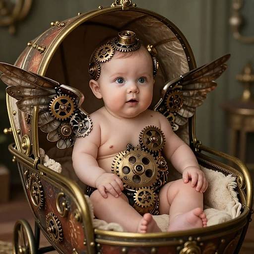 Digital artwork of a baby with blue eyes, sitting in a steampunk-style, brass and leather carriage with mechanical wings and gears.
