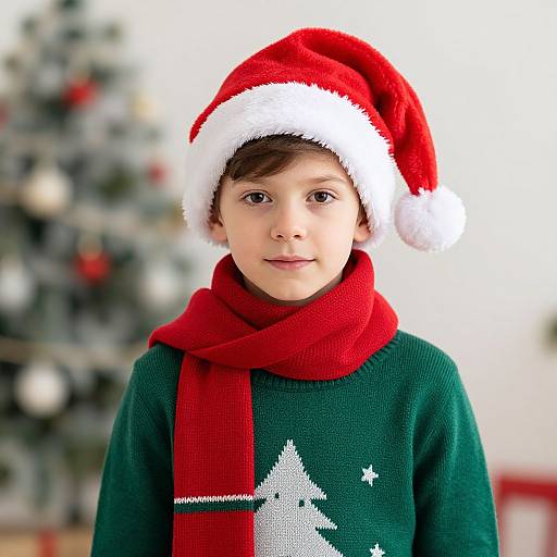Photograph of a young boy with brown hair, wearing a red Santa hat, green sweater with a Christmas tree, and red scarf, standing in front