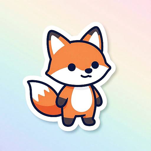 Cute, digital cartoon fox with orange fur, white chest and tail tip, black ears, paws, and nose, standing against a gradient blue