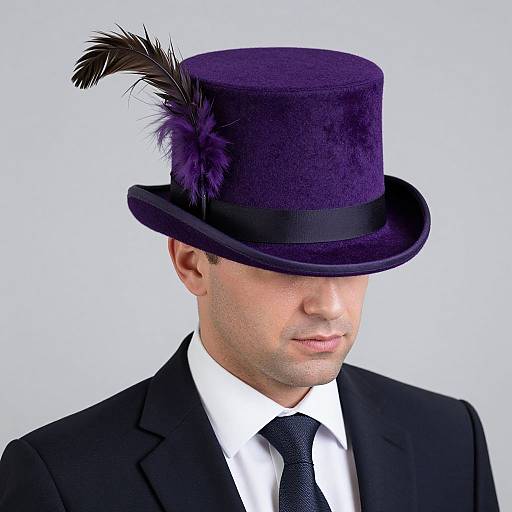 Photograph of a white man in a black suit, white shirt, black tie, and a purple top hat with a black feather.
