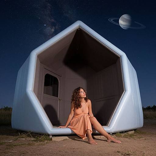 Photograph of a curly-haired woman in an orange dress sitting at the entrance of a glowing white geometric dome under a starry night sky with Saturn visible