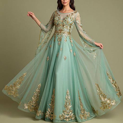 Photograph of a woman in a long, turquoise, sheer gown with gold floral embroidery, full sleeves, and a high neckline, standing against a plain