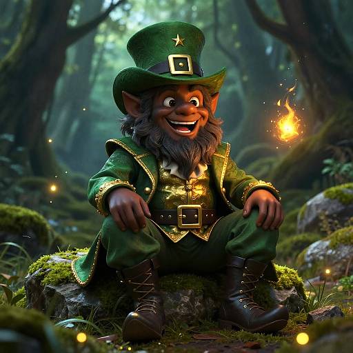 CGI image of a cheerful, cartoonish leprechaun with green outfit, top hat, and beard, sitting on mossy rock in enchanted