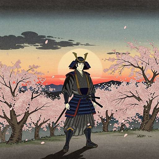 Digital illustration of a samurai in traditional black armor standing under cherry blossom trees at sunset, holding a sword, with a glowing full moon in the background