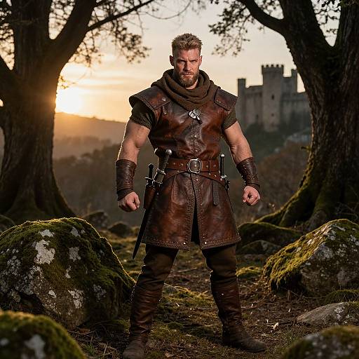 Photograph of a muscular, bearded man in brown leather armor standing in a forest at sunset, with a medieval castle in the background.