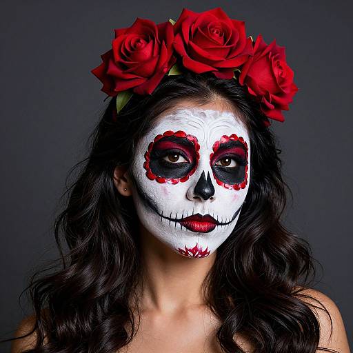 Photograph of a woman with white face paint in a sugar skull style, red flower accents, black eye makeup, wearing a red rose crown, against