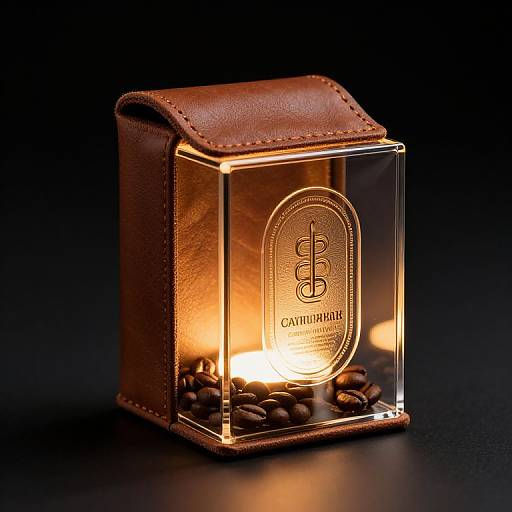 Photograph of a glowing, transparent glass container with brown leather top, displaying 