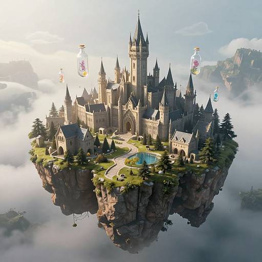 Digital fantasy illustration of a floating medieval castle with spires, surrounded by trees, a blue pool, and misty clouds, set against a bright,