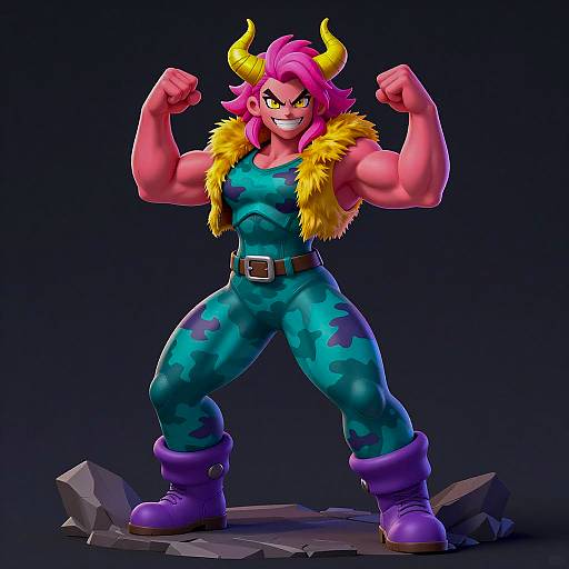 Muscular Pink-Skinned Female Character with Horns