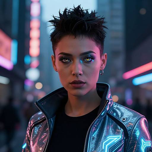 Photorealistic digital art of a androgynous person with short, spiky black hair, neon-lit city background, wearing a shiny,