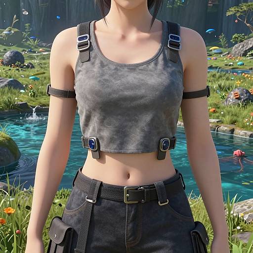 Digital artwork of a young woman with light skin, wearing a gray crop top and black harness, standing in a vibrant, forested meadow with a