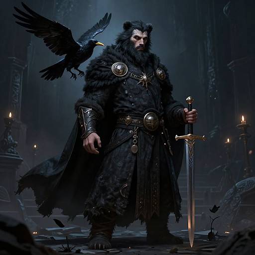 Digital fantasy artwork of a fierce bear-man warrior in dark fur robe, holding sword, with raven flying above, candlelit Gothic cathedral background.