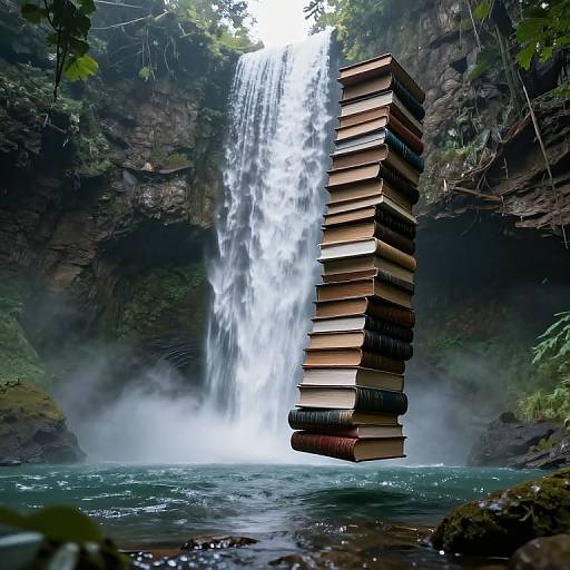 Photograph: A towering stack of books hovers mid-air in front of a powerful waterfall, set in a lush, misty jungle.