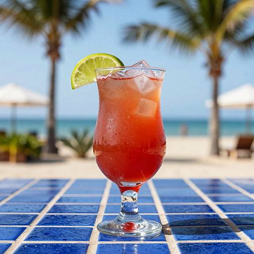 Vibrant Red Cocktail on Blue Tiles