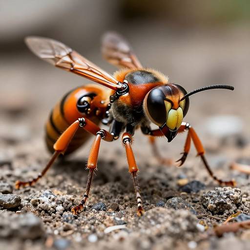 Close-up photograph of a vibrant, orange-and-black wasp with translucent wings and a yellow-tipped abdomen, standing on textured, gray soil.