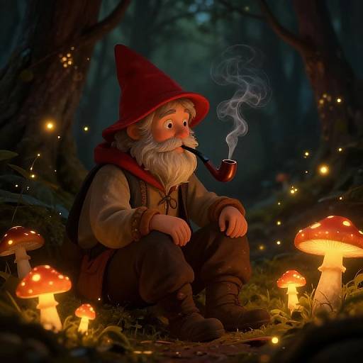 Digital illustration of a bearded gnome in a red hat, smoking a pipe, surrounded by glowing mushrooms and fireflies in a dark forest.