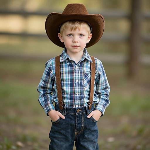 Photograph of a young blond boy in a brown cowboy hat, blue plaid shirt, and dark jeans with brown suspenders, standing outdoors with hands