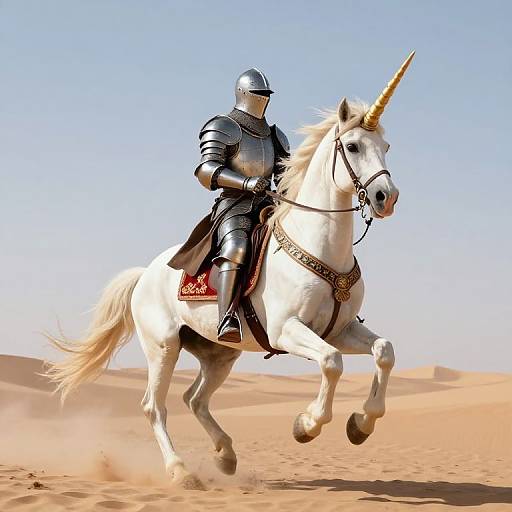 Photograph of a knight in silver armor riding a white unicorn with a golden horn across a sandy desert under a clear blue sky.