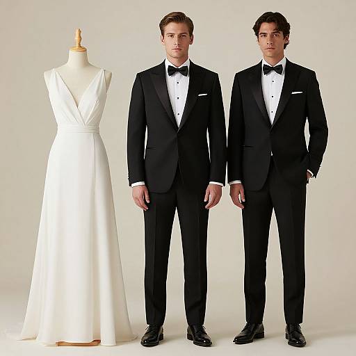 Photograph of two tall, fair-skinned men in black tuxedos, standing side-by-side, with a white satin dress on a man