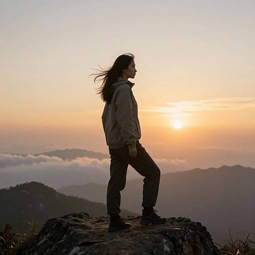 Photograph of a silhouetted person with long hair standing on a rocky peak at sunset, looking right, with a cloudy mountainous horizon in