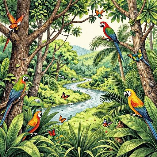 Colorful digital illustration of vibrant parrots perched on lush tropical trees, with a winding river and butterflies in the background.