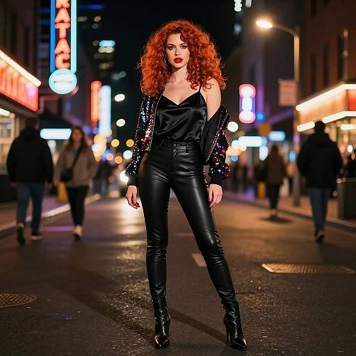 Photograph of a red-haired woman with curly hair, wearing a black sequin off-shoulder top, leather pants, and high boots, standing